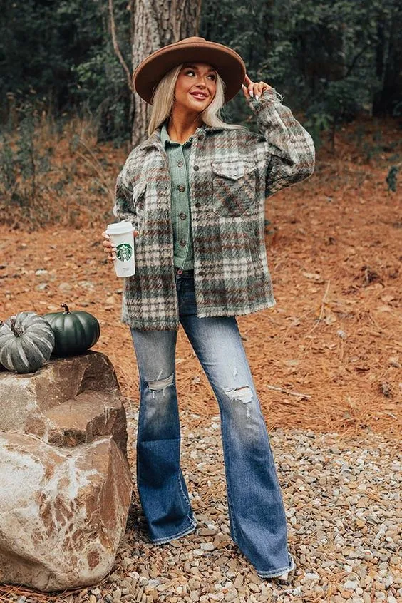 Rustic Plaid Jacket with Flared Jeans