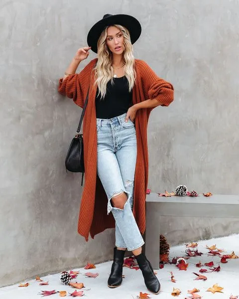 Boho Vibes with Rust Cardigan and Distressed Jeans